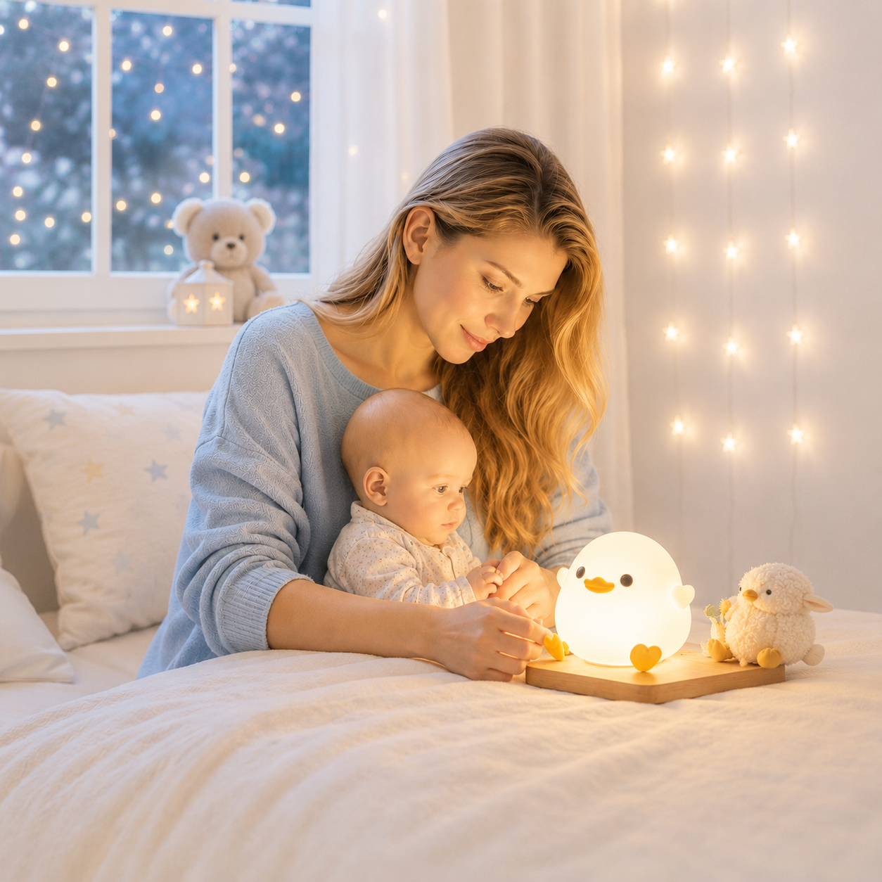 Veilleuse canard LED en silicone diffusant une lumière blanche chaude auprès d'une maman et de son bébé dans une chambre aux tons greige et bleu poudre. Décoration douce avec lit, guirlandes lumineuses, peluche ourson et mobilier scandinave créant une ambiance chaleureuse, apaisante et idéale pour le rituel du coucher.