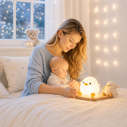 Veilleuse canard LED en silicone diffusant une lumière blanche chaude auprès d'une maman et de son bébé dans une chambre aux tons greige et bleu poudre. Décoration douce avec lit, guirlandes lumineuses, peluche ourson et mobilier scandinave créant une ambiance chaleureuse, apaisante et idéale pour le rituel du coucher.