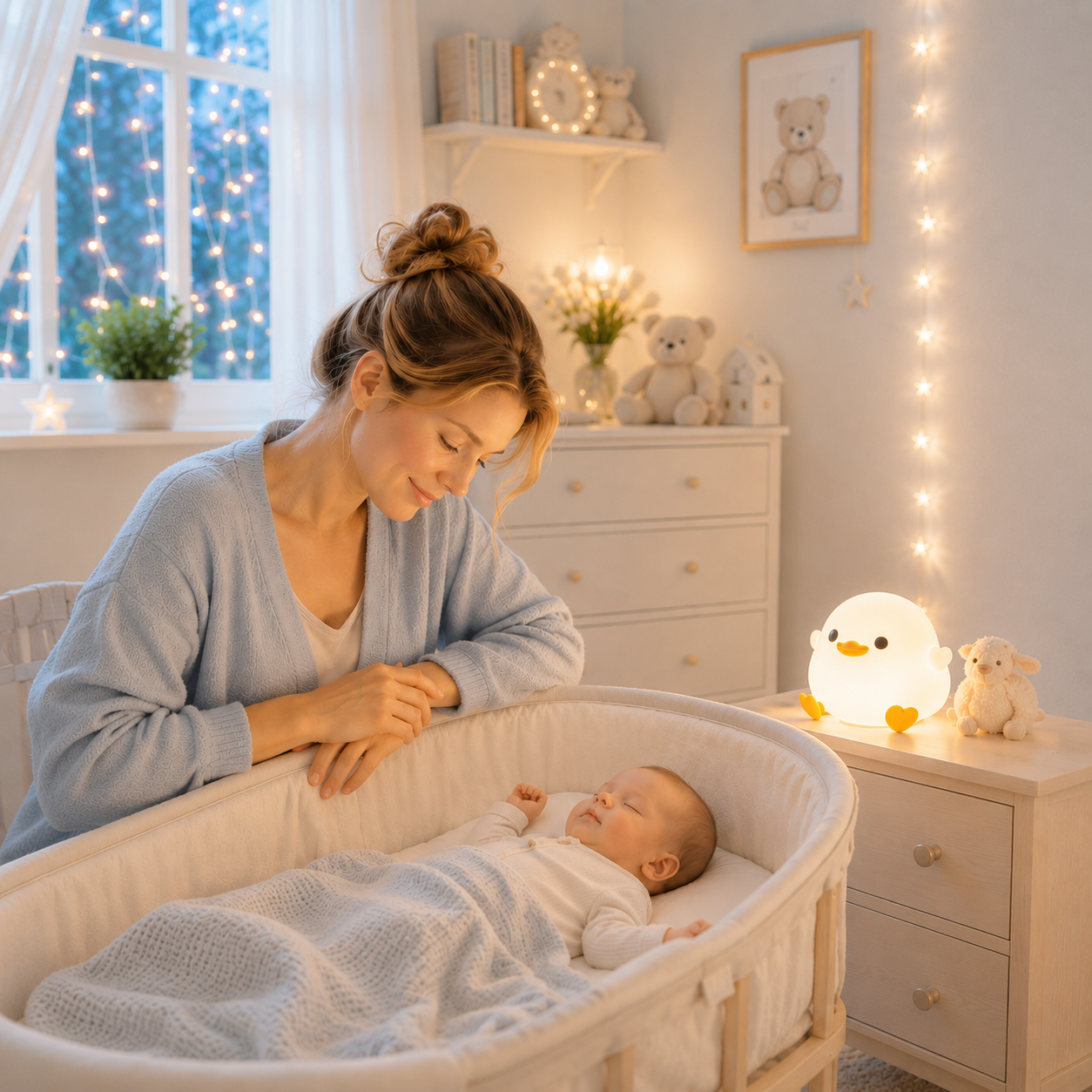 Veilleuse canard LED en silicone diffusant une lumière blanche chaude sur une commode dans une chambre de bébé aux tons greige et bleu poudre. Une maman veille tendrement sur son nouveau-né endormi dans un berceau, créant une ambiance douce, rassurante et propice à un sommeil paisible.
