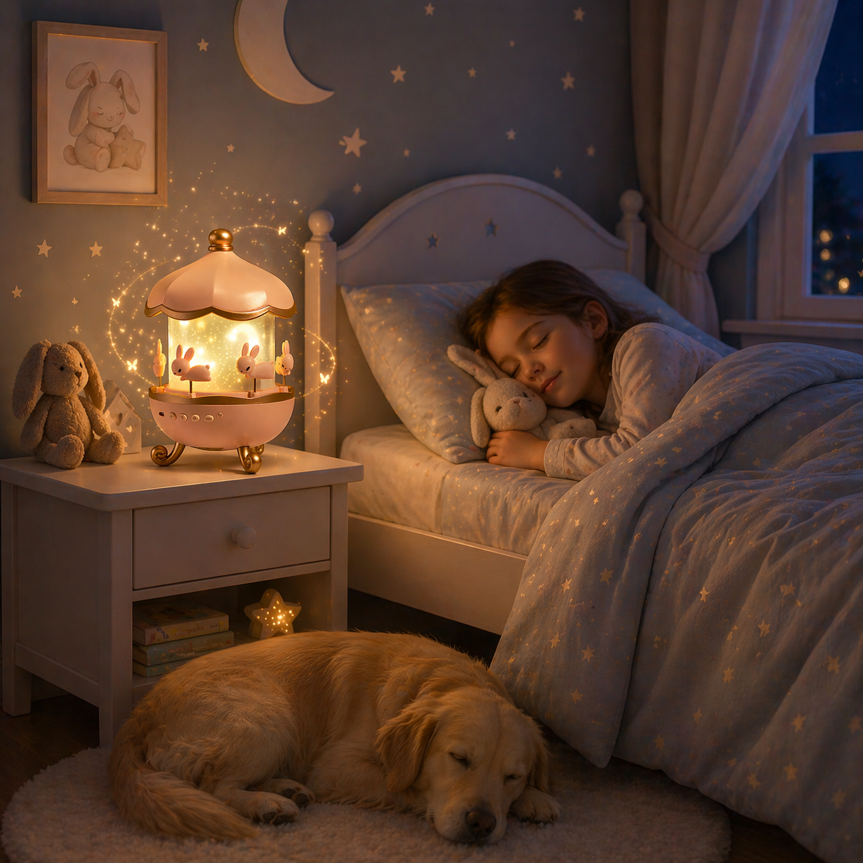 veilleuse bébé carrousel lumineuse près du lit enfant endormi avec chien ambiance douce nuit apaisante