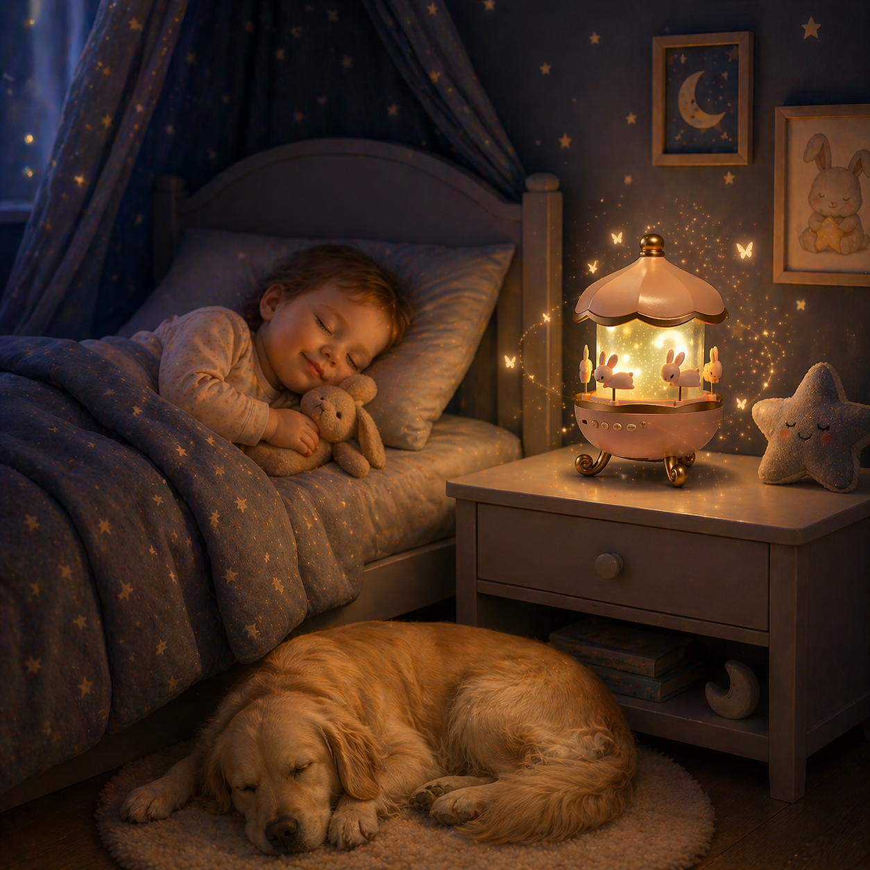 veilleuse carrousel bébé lumière douce enfant dort avec chien chambre nuit ambiance apaisante coucher