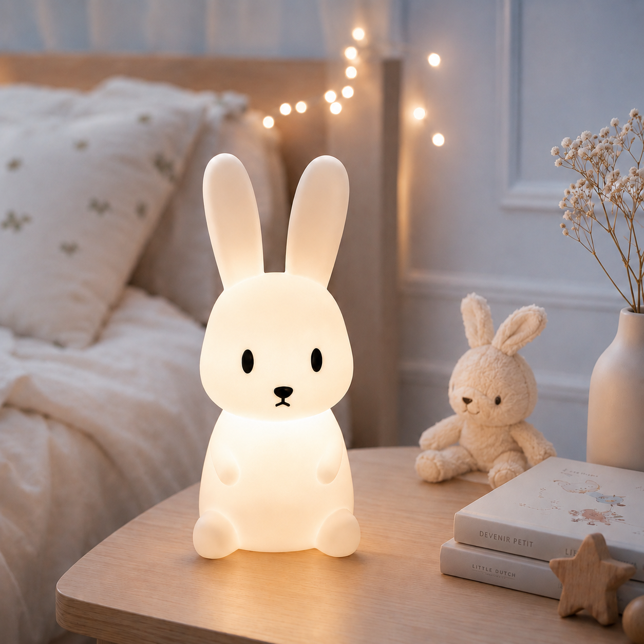 « Veilleuse lapin lumineuse 7 couleurs illuminant une chambre d'enfant avec une douce lumière blanc chaud, créant une atmosphère magique, rassurante et propice aux plus beaux rêves. »