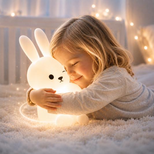 « Enfant serrant tendrement une veilleuse bébé lapin 7 couleurs dans ses bras, lumière douce blanc chaud, ambiance chaleureuse et apaisante idéale pour le coucher et l'endormissement. »