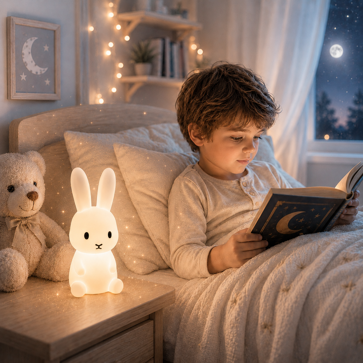 « Veilleuse bébé lapin 7 couleurs diffusant une douce lumière blanc chaud sur une table de nuit pendant qu'un jeune garçon lit paisiblement dans son lit avant le coucher. »