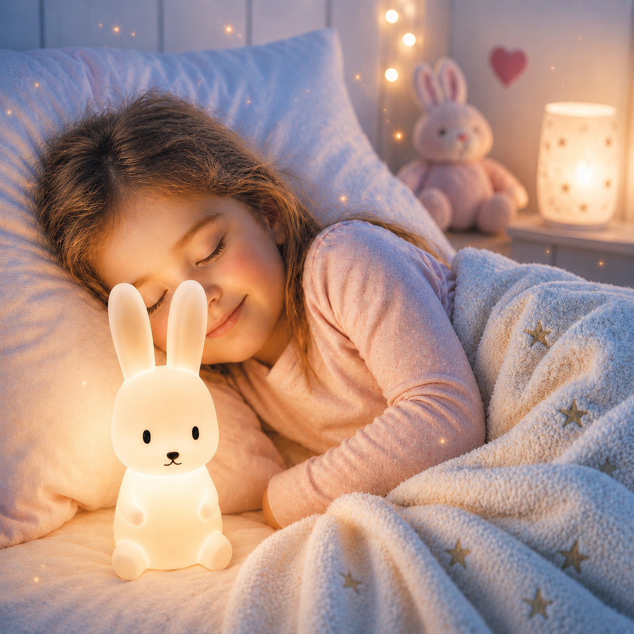 « Veilleuse bébé lapin 7 couleurs allumée près d'une enfant endormie dans une chambre aux tons bleu pâle et crème, lumière douce blanc chaud favorisant un sommeil paisible. »