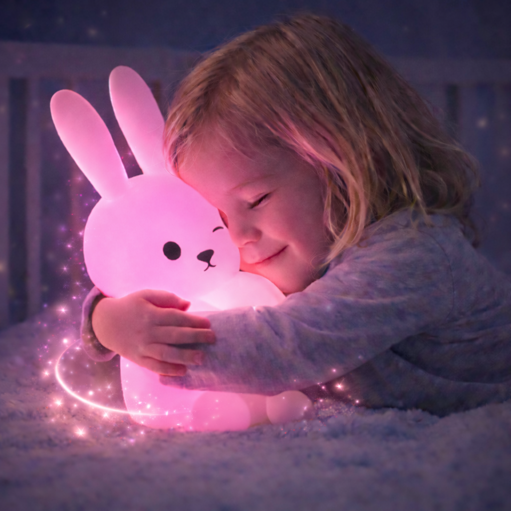 veilleuse bébé lapin lumière douce rose enfant câlin ambiance apaisante nuit sommeil rassurant