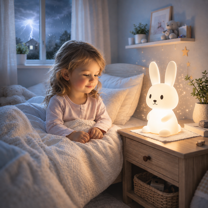 « Veilleuse bébé lapin 7 couleurs sur une table de nuit éclairant doucement une chambre d'enfant pendant un orage, lumière blanc chaud rassurante favorisant un endormissement paisible. »