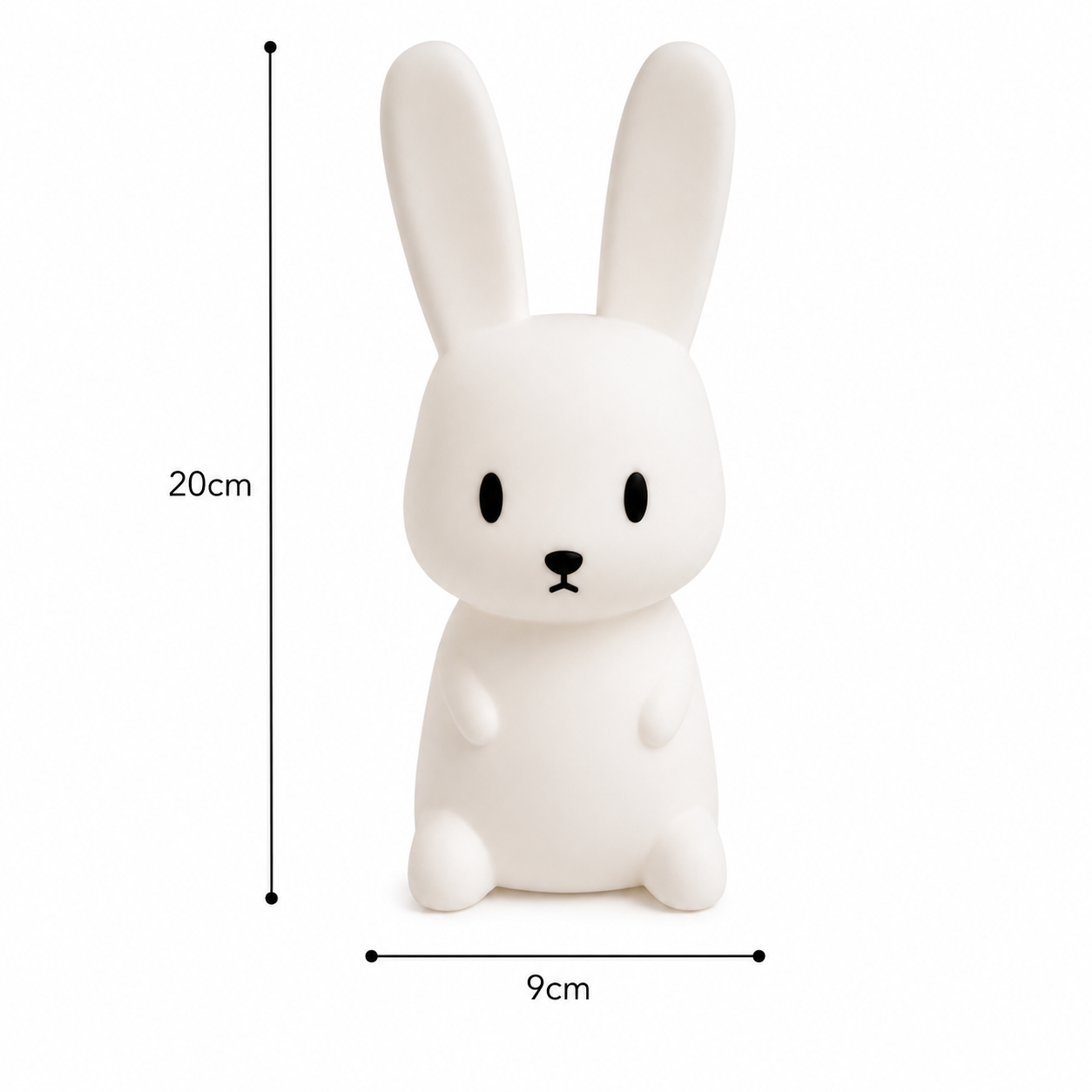 Veilleuse bébé lapin 7 couleurs en silicone avec dimensions de 20 cm de hauteur et 9 cm de largeur. Veilleuse LED rechargeable USB, idéale pour apporter une lumière douce et rassurante aux bébés et aux enfants au moment du coucher.