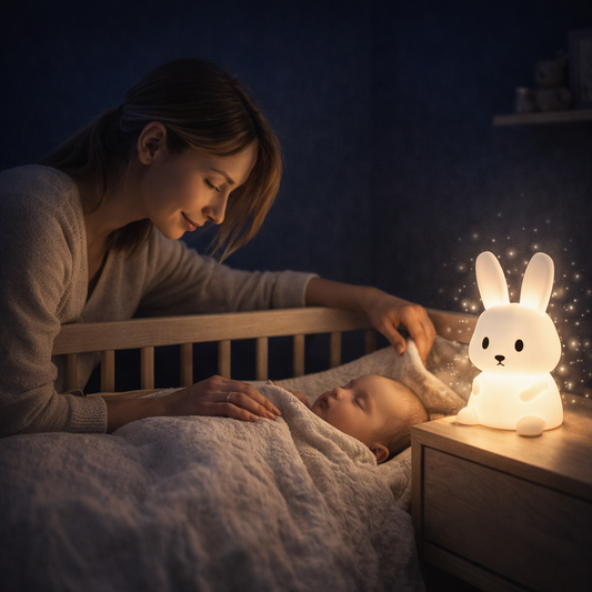 "Veilleuse bébé lapin lumière douce maman borde son bébé pour un coucher apaisant"