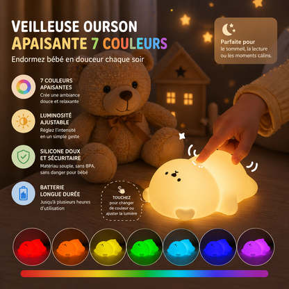 veilleuse ourson 7 couleurs lumière douce tactile bébé chambre ambiance apaisante nuit enfant sommeil rassurant