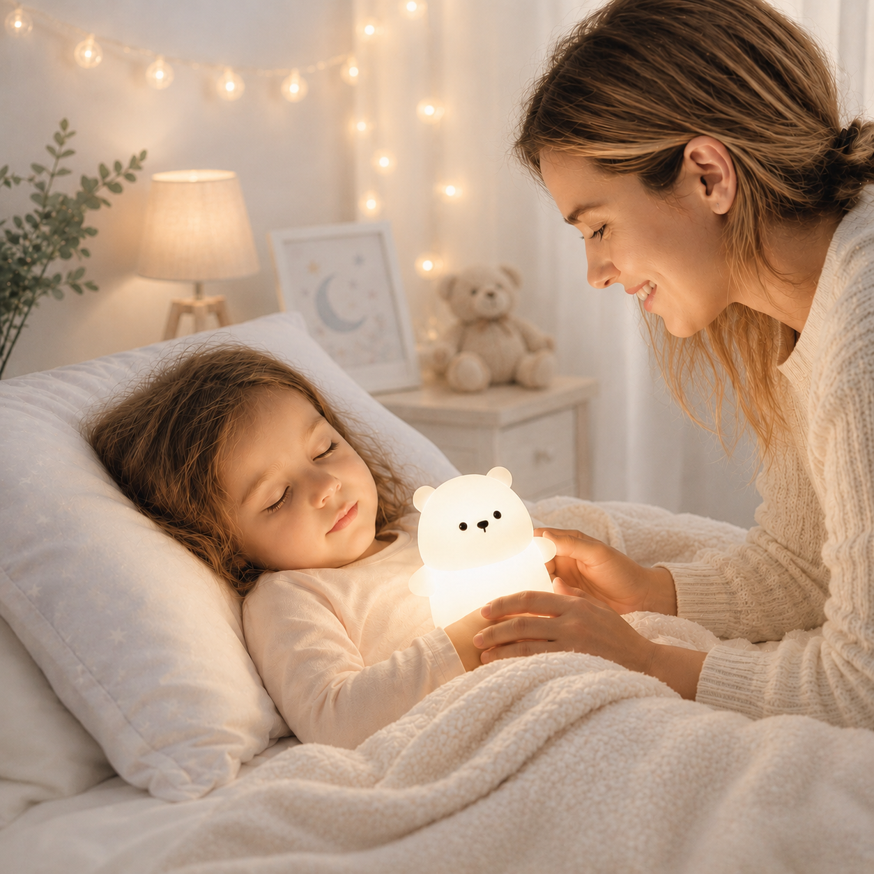 Une maman accompagne tendrement son enfant au moment du coucher avec une veilleuse ourson en silicone diffusant une lumière blanc chaud, dans une chambre apaisante aux tons greige et bleu poudre décorée d’une guirlande lumineuse.