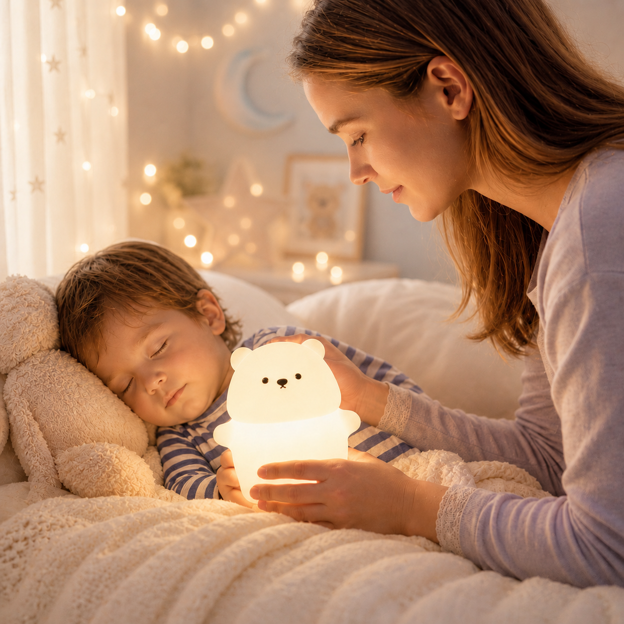 Une maman veille tendrement sur son enfant endormi en tenant une veilleuse ourson en silicone qui diffuse une lumière blanc chaud, dans une chambre d’enfant douce et apaisante décorée d’une guirlande lumineuse et de touches étoilées.