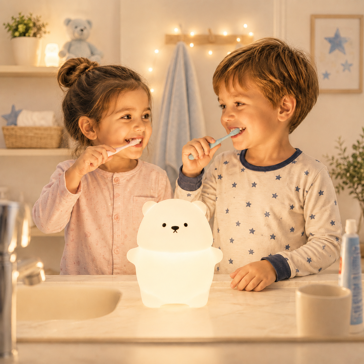 Deux jeunes enfants se brossent les dents en souriant autour d’une veilleuse ourson en silicone diffusant une lumière blanc chaud, dans une salle de bain douce et rassurante décorée d’une guirlande lumineuse pour la routine du coucher.