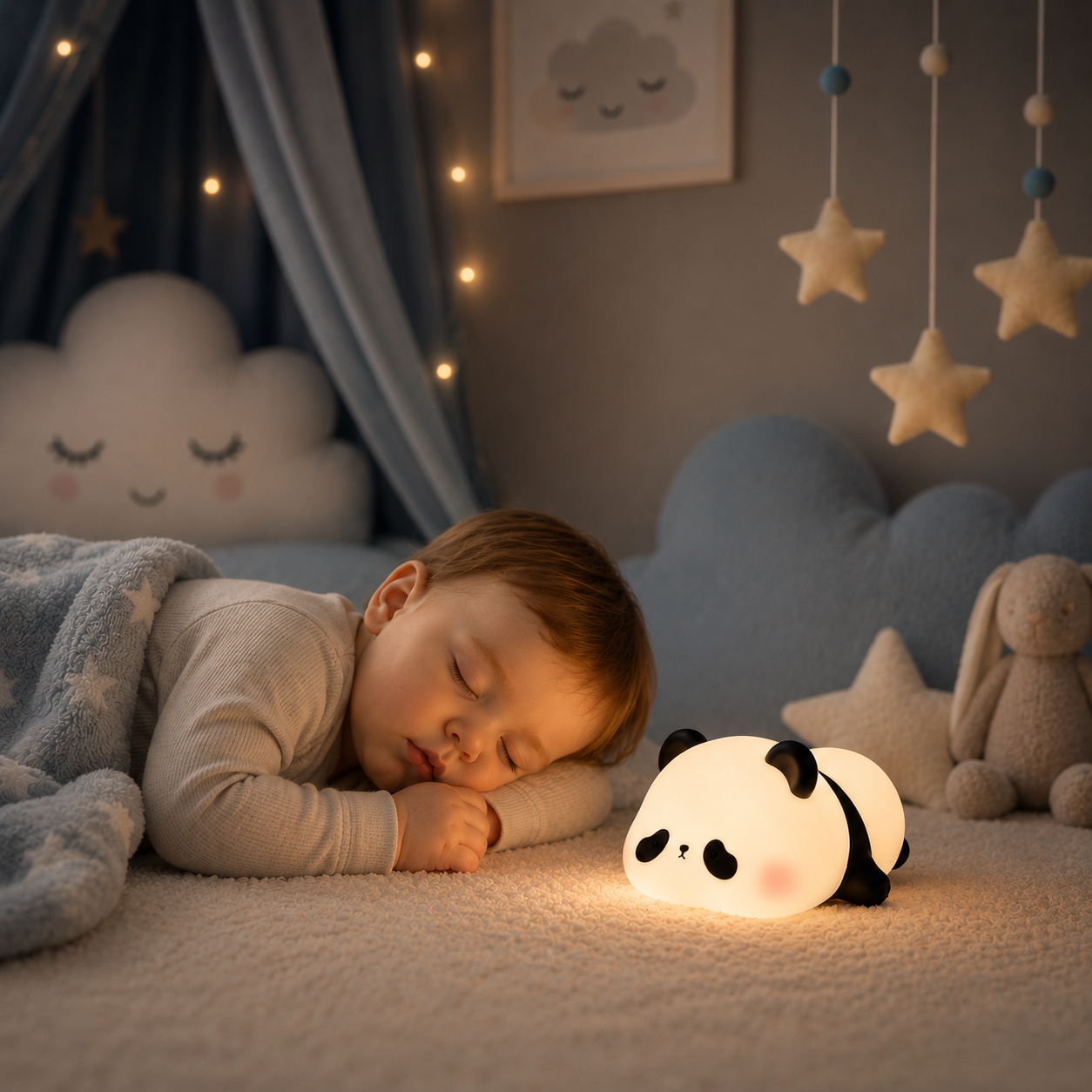 Veilleuse panda LED rechargeable blanc chaud accompagnant un bébé endormi dans une chambre d'enfant, idéale pour créer une ambiance rassurante et favoriser un sommeil paisible.