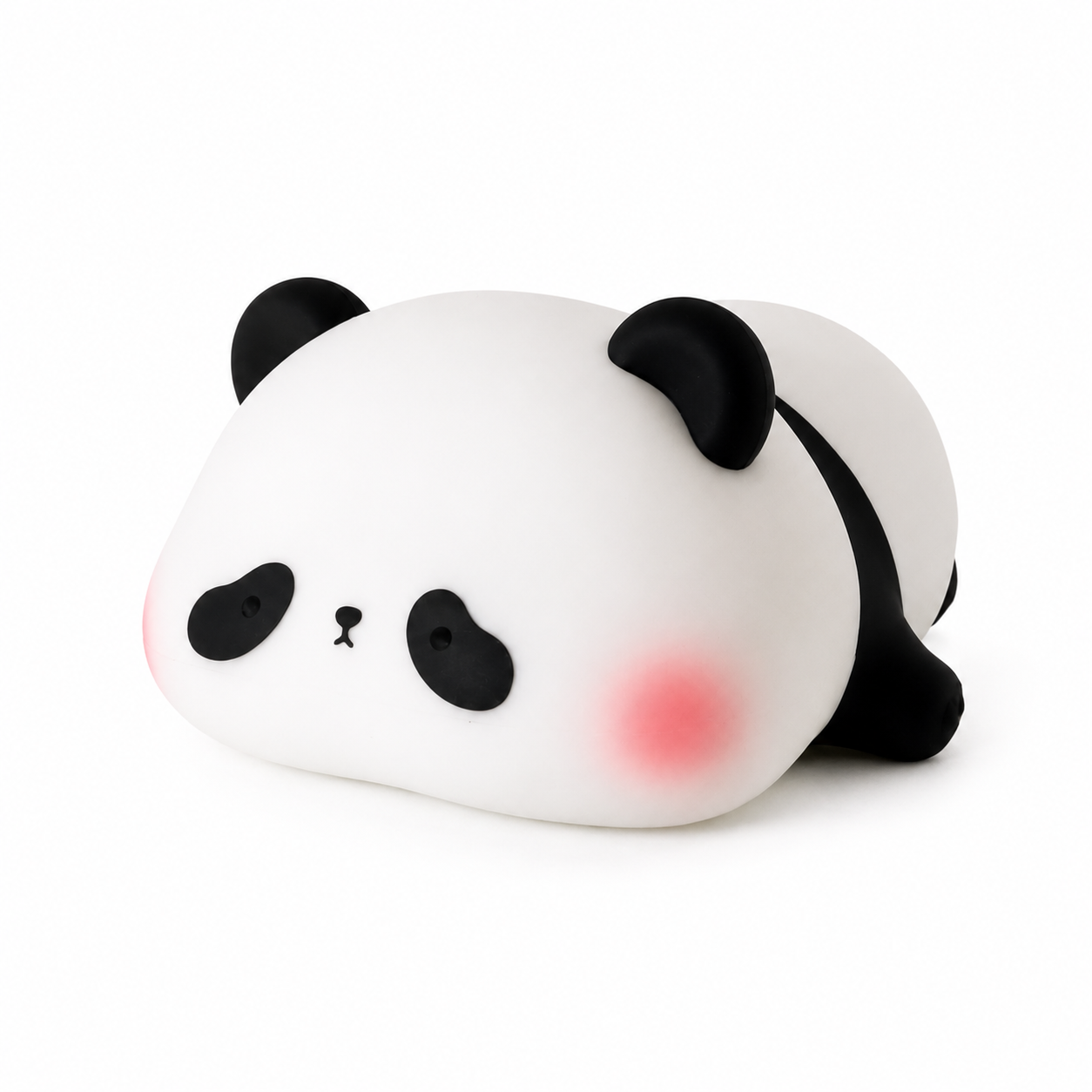 Veilleuse panda lumineuse en silicone présentée sur fond blanc, avec un design tendre et apaisant pour accompagner le rituel du coucher.