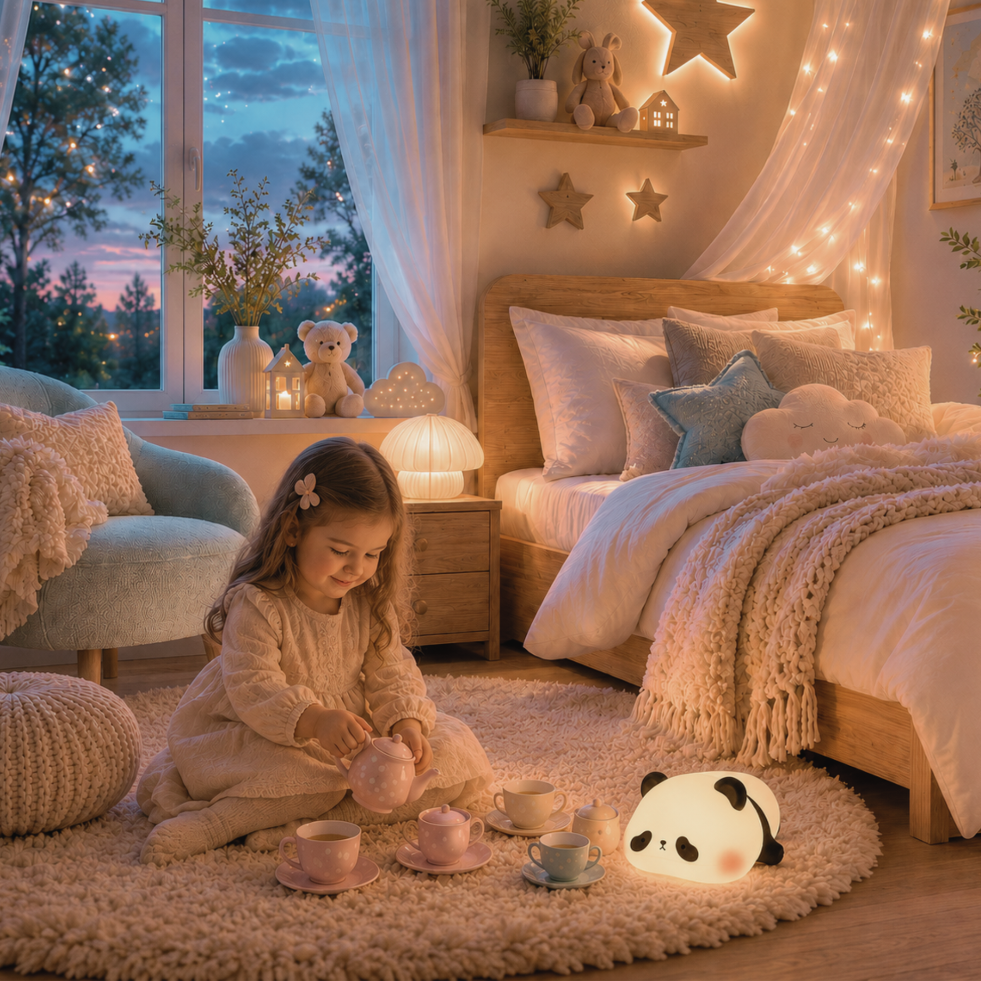 Fillette jouant paisiblement à la dinette dans une chambre d’enfant féérique, accompagnée d’une veilleuse panda diffusant une lumière chaude et rassurante.