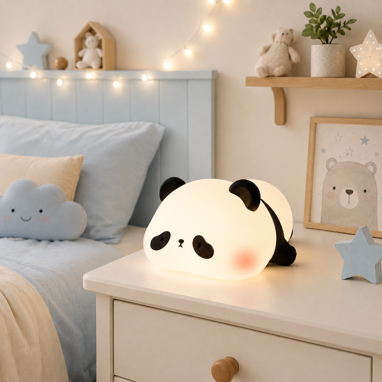 Veilleuse panda lumineuse sur table de nuit blanche dans une chambre d’enfant bleu poudre, avec lumière chaude apaisante pour le coucher.