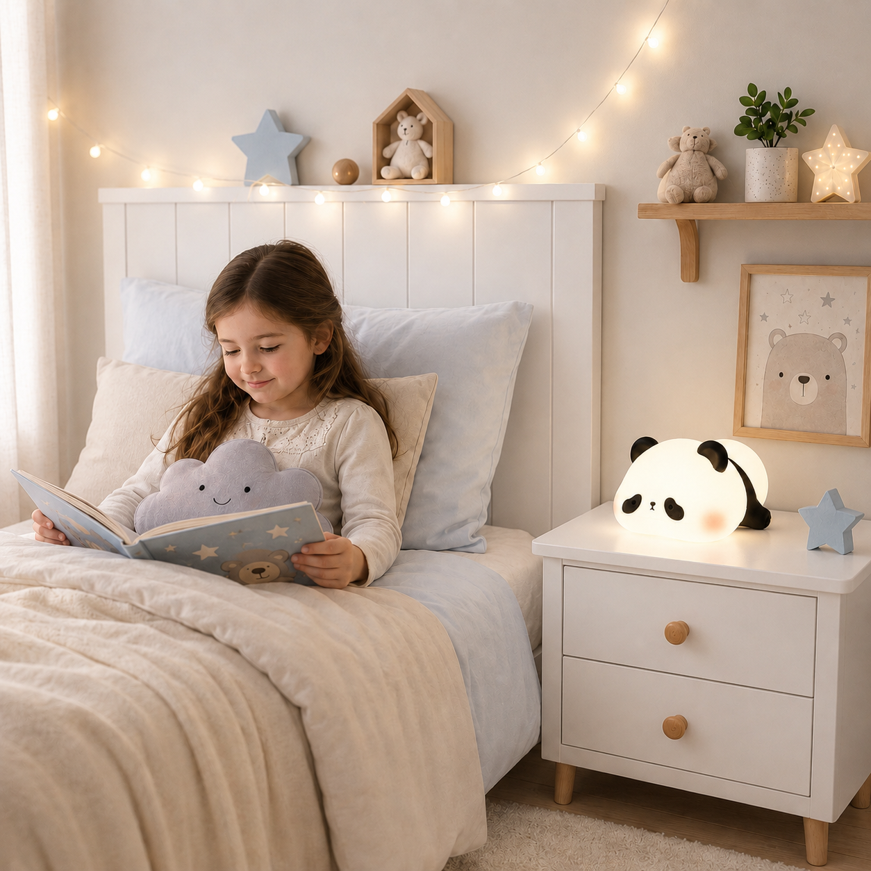 Fillette lisant paisiblement dans une chambre d’enfant douce et lumineuse, accompagnée d’une veilleuse panda diffusant une lumière chaude et rassurante.