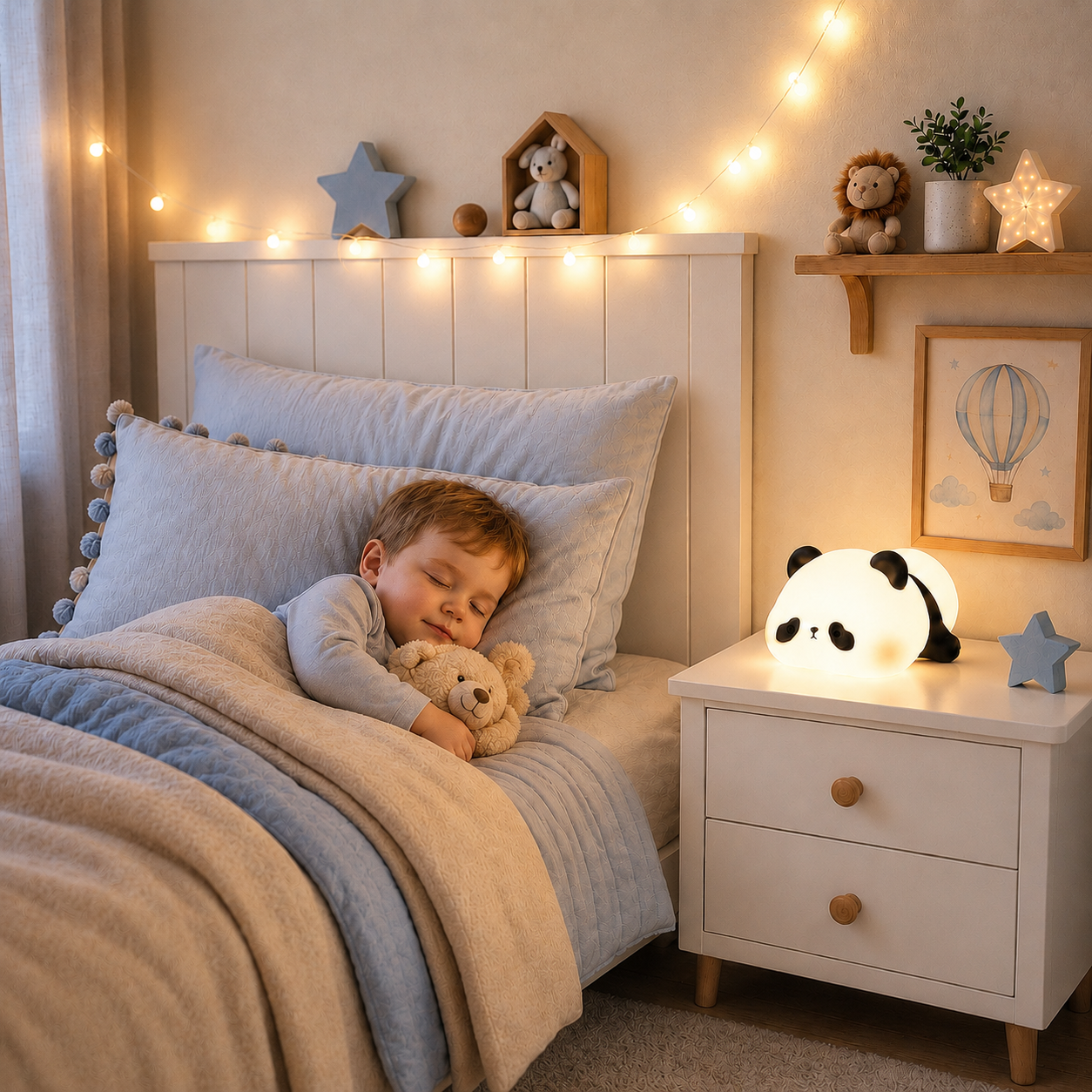 Jeune garçon endormi dans une chambre d’enfant douce avec veilleuse panda lumineuse sur la table de nuit, lumière chaude apaisante pour le coucher.