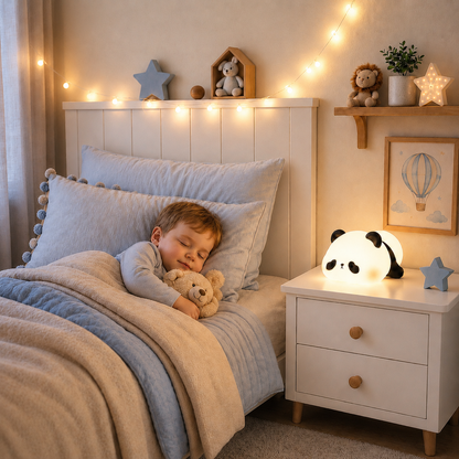 Jeune garçon endormi dans une chambre d’enfant douce avec veilleuse panda lumineuse sur la table de nuit, lumière chaude apaisante pour le coucher.