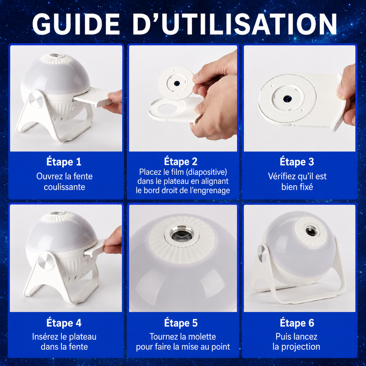 Guide d’utilisation étape par étape de la veilleuse projecteur ciel étoilé. Les images montrent comment ouvrir la fente, insérer la diapositive de projection, vérifier son installation, remettre le plateau en place, ajuster la mise au point avec la molette et lancer la projection lumineuse pour créer un ciel étoilé dans la chambre.