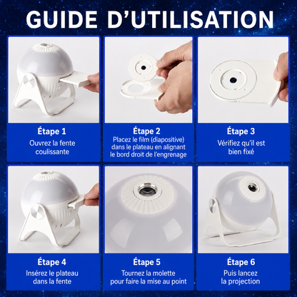 Guide d’utilisation étape par étape de la veilleuse projecteur ciel étoilé. Les images montrent comment ouvrir la fente, insérer la diapositive de projection, vérifier son installation, remettre le plateau en place, ajuster la mise au point avec la molette et lancer la projection lumineuse pour créer un ciel étoilé dans la chambre.