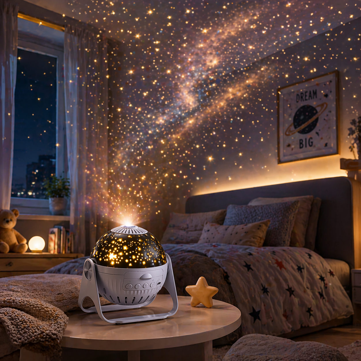 projecteur ciel étoilé chambre enfant lumière douce ambiance nuit projection étoiles plafond galaxie apaisante