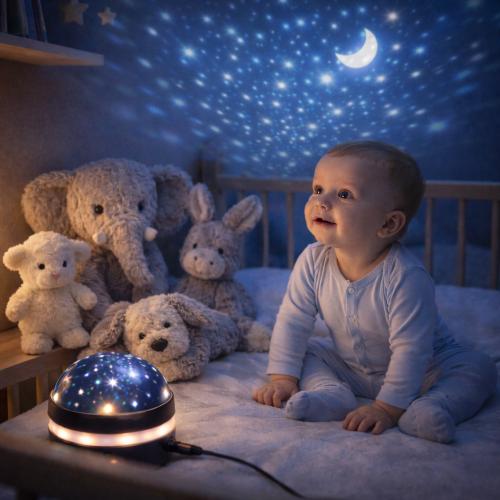 “veilleuse projection étoiles bébé éveillé regardant le plafond lumineux ambiance nuit douce”