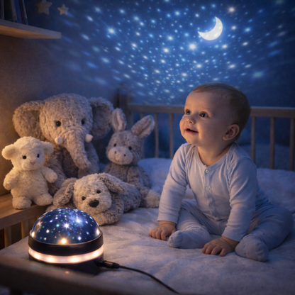 “veilleuse projection étoiles bébé éveillé regardant le plafond lumineux ambiance nuit douce”