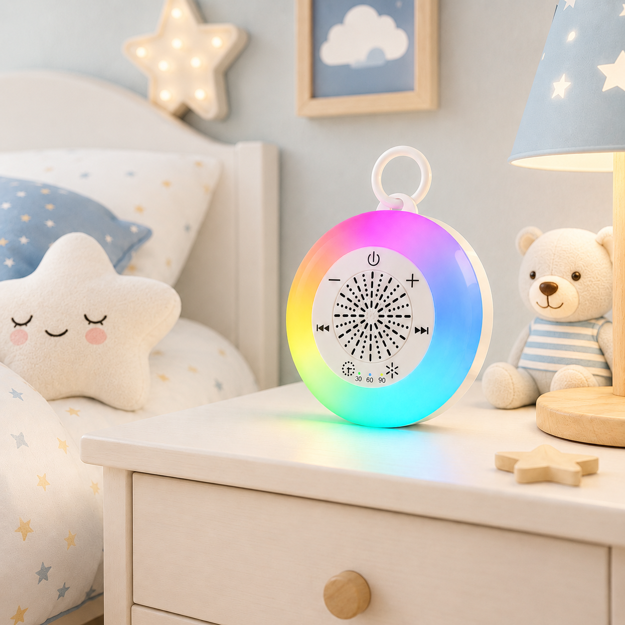 Veilleuse bébé rechargeable avec lumière multicolore, bruits blancs et minuterie, posée sur une table de chevet dans une chambre d'enfant aux tons bleu poudre et greige avec une peluche ours et un coussin étoile, créant une ambiance douce et apaisante pour le coucher.