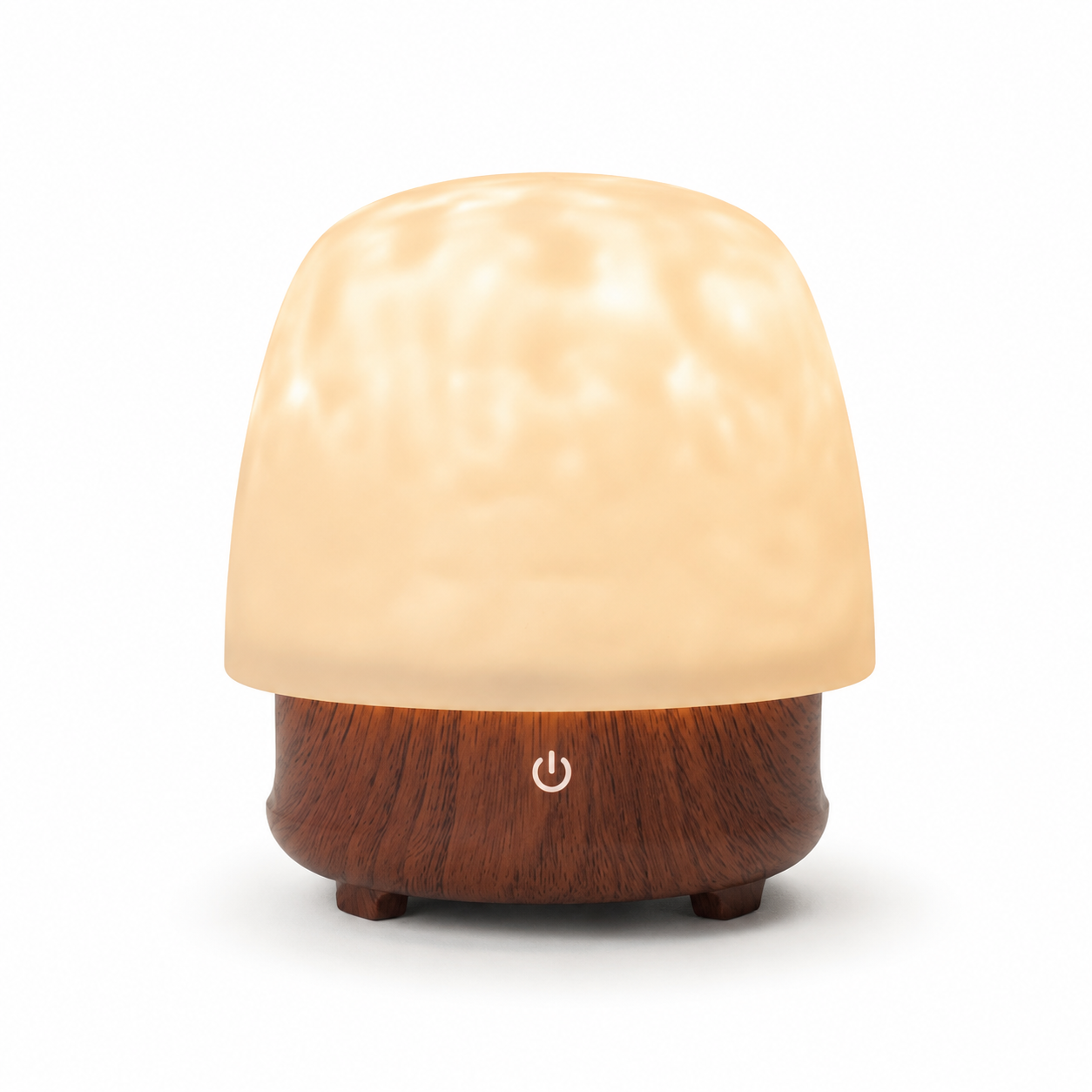 Lampe reflets d’eau LED Luméa avec abat-jour blanc lumineux et base effet bois sur fond blanc, parfaite comme veilleuse décorative pour une ambiance apaisante dans le salon ou la chambre.