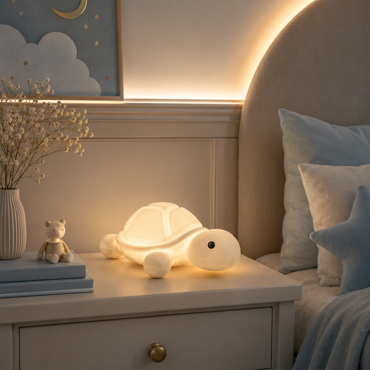 Veilleuse tortue apaisante rechargeable sur une table de nuit dans une chambre d'enfant aux tons greige et bleu poudre, diffusant une lumière douce pour des nuits sereines.