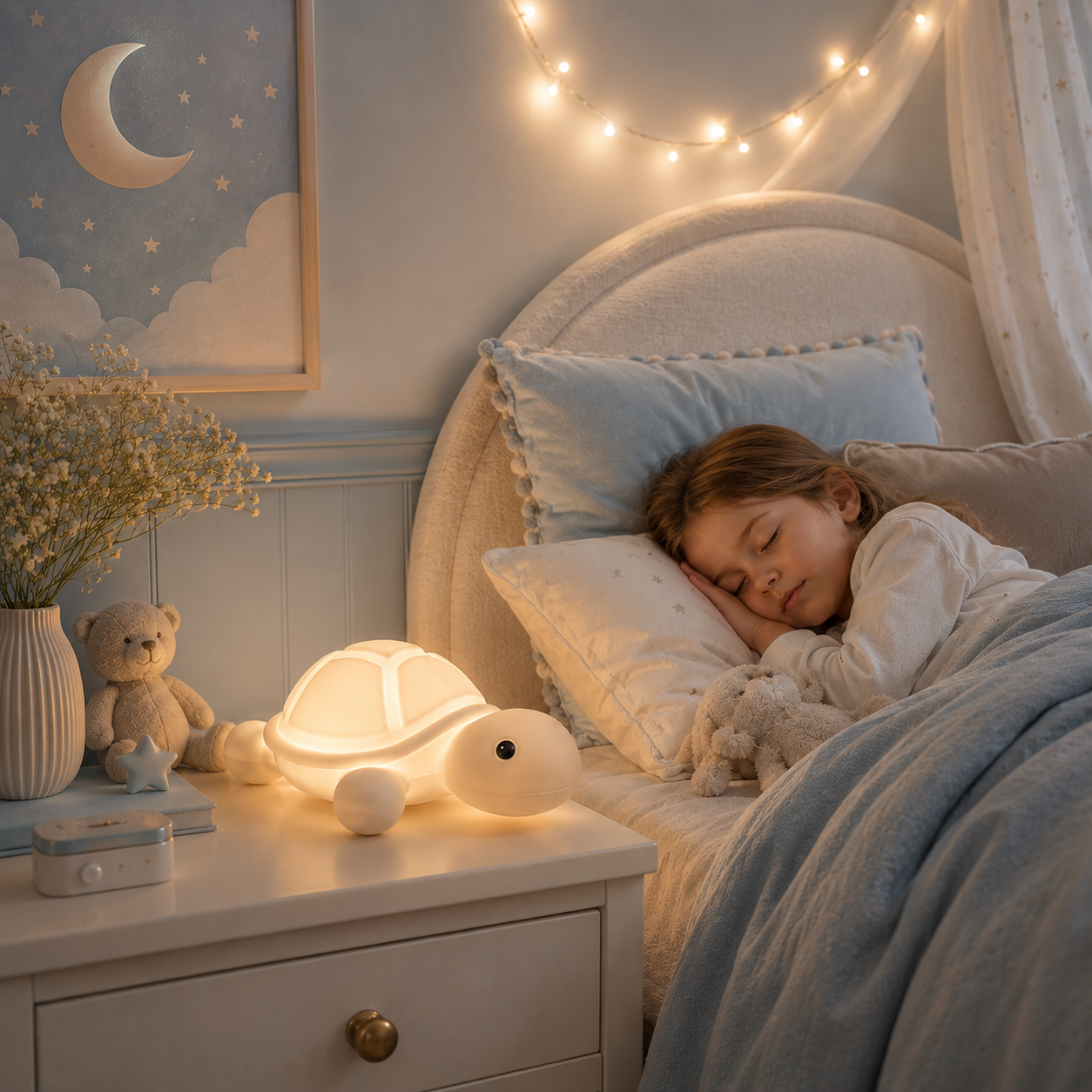 Petite fille dormant paisiblement avec une veilleuse tortue apaisante rechargeable diffusant une lumière douce dans une chambre d'enfant aux tons greige et bleu poudre.