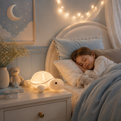 Petite fille dormant paisiblement avec une veilleuse tortue apaisante rechargeable diffusant une lumière douce dans une chambre d'enfant aux tons greige et bleu poudre.