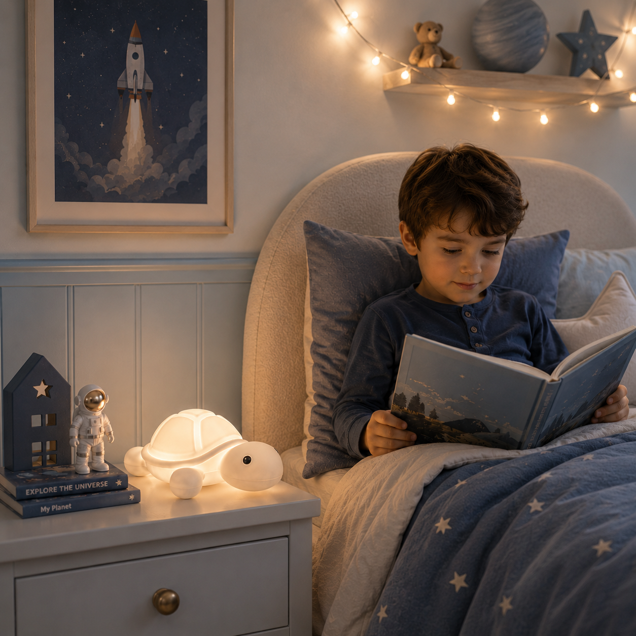 Jeune garçon lisant un livre avant de dormir avec une veilleuse tortue apaisante rechargeable diffusant une lumière douce dans une chambre d'enfant aux tons greige et bleu poudre.