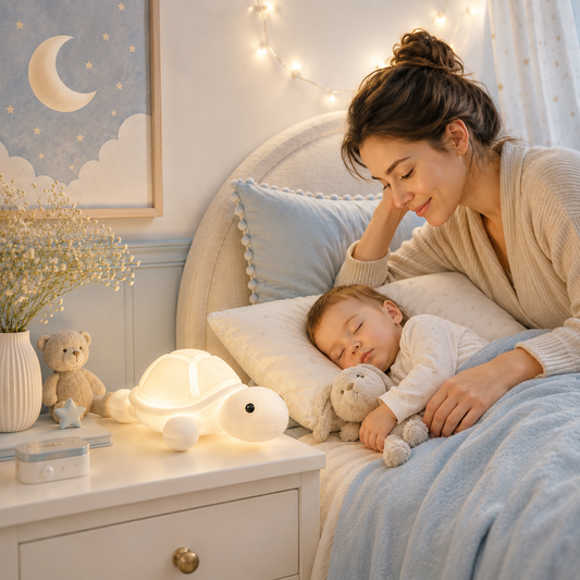 Maman regardant tendrement son bébé endormi près d'une veilleuse tortue apaisante rechargeable diffusant une lumière douce dans une chambre d'enfant aux tons greige et bleu poudre.