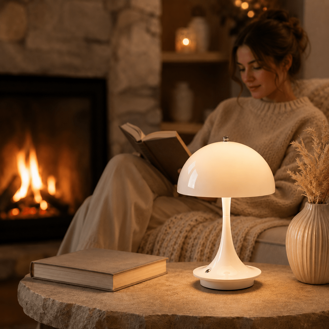 Lampe champignon LED tactile posée sur une table en pierre dans un salon chaleureux. Sa lumière douce éclaire l’espace tandis qu’une personne lit confortablement près d’un foyer allumé, créant une ambiance cocooning propice à la détente, à la lecture et aux soirées paisibles.