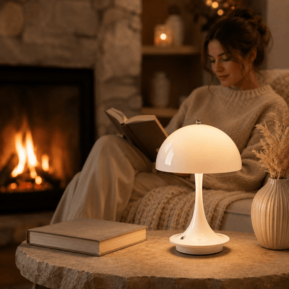 Lampe champignon LED tactile posée sur une table en pierre dans un salon chaleureux. Sa lumière douce éclaire l’espace tandis qu’une personne lit confortablement près d’un foyer allumé, créant une ambiance cocooning propice à la détente, à la lecture et aux soirées paisibles.