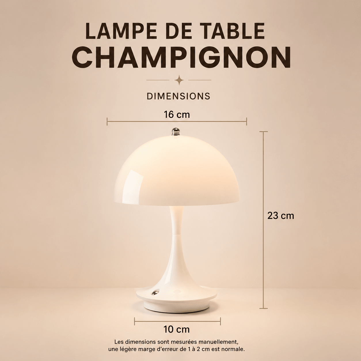 Infographie des dimensions de la lampe de table champignon LED tactile. L’image présente les mesures du produit avec une hauteur de 23 cm, un diamètre d’abat-jour de 16 cm et une base de 10 cm, mettant en valeur son format compact et élégant pour une table de nuit, un bureau ou un coin détente.