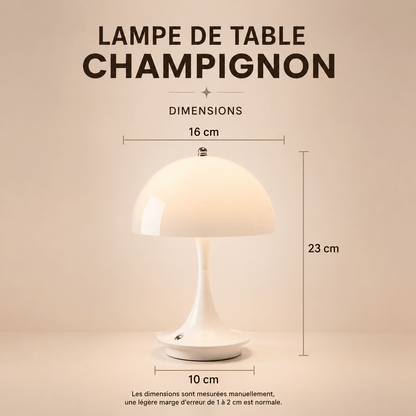 Infographie des dimensions de la lampe de table champignon LED tactile. L’image présente les mesures du produit avec une hauteur de 23 cm, un diamètre d’abat-jour de 16 cm et une base de 10 cm, mettant en valeur son format compact et élégant pour une table de nuit, un bureau ou un coin détente.