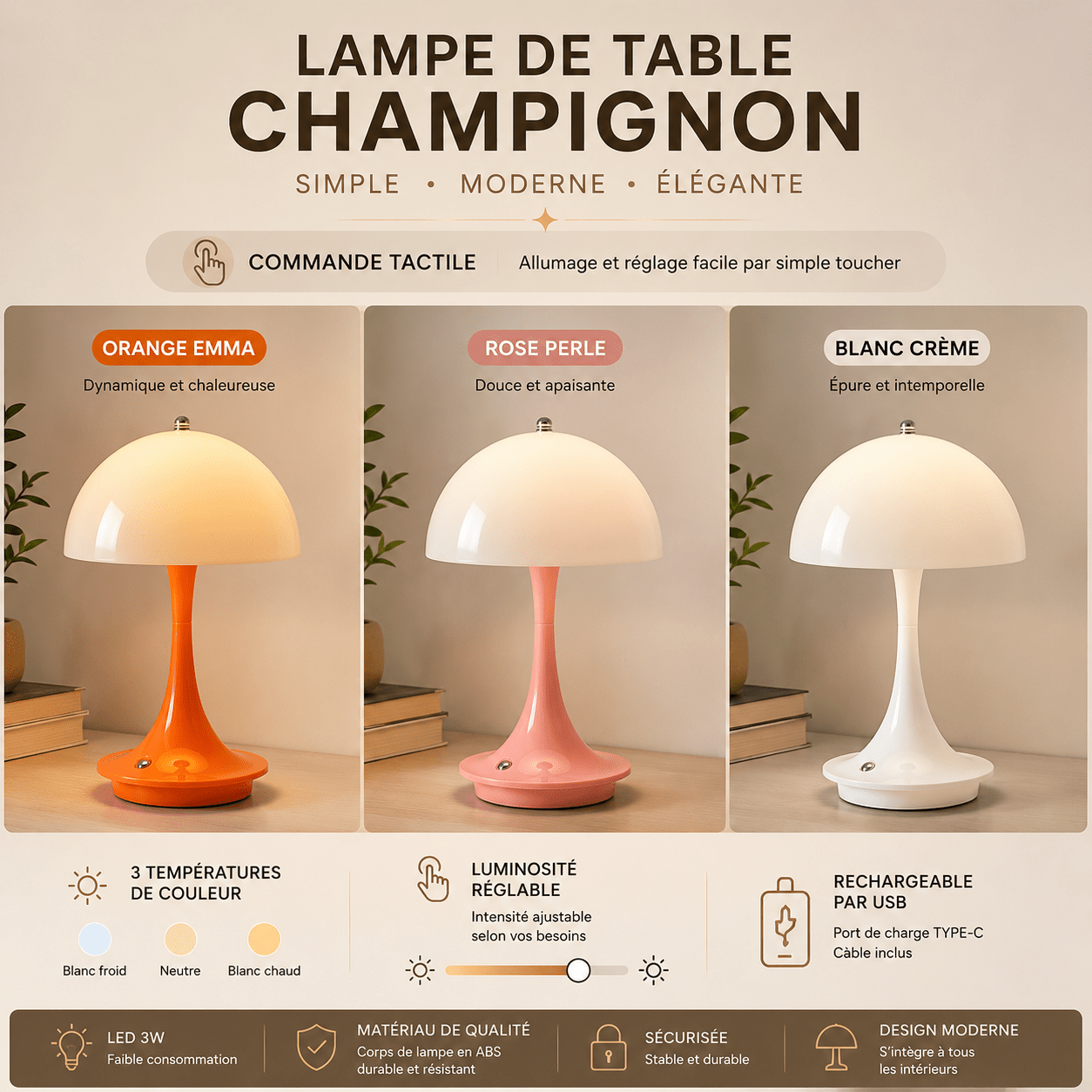 Infographie présentant la lampe de table champignon LED tactile disponible en trois couleurs : orange Emma, rose perle et blanc crème. L’image met en avant les trois températures de couleur, la luminosité réglable, la recharge USB, la commande tactile et le design moderne, idéal pour créer une ambiance douce et chaleureuse dans la chambre ou le salon.