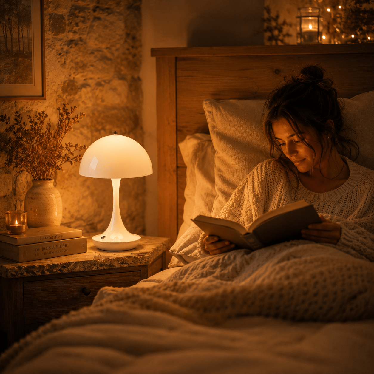 Lampe champignon LED tactile diffusant une lumière douce et chaleureuse sur une table de nuit. Une femme lit confortablement dans son lit dans une chambre à l’ambiance cocooning, créant un espace apaisant propice à la détente et à la lecture en soirée.