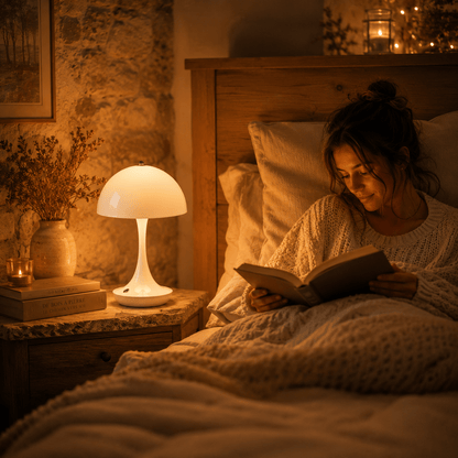 Lampe champignon LED tactile diffusant une lumière douce et chaleureuse sur une table de nuit. Une femme lit confortablement dans son lit dans une chambre à l’ambiance cocooning, créant un espace apaisant propice à la détente et à la lecture en soirée.