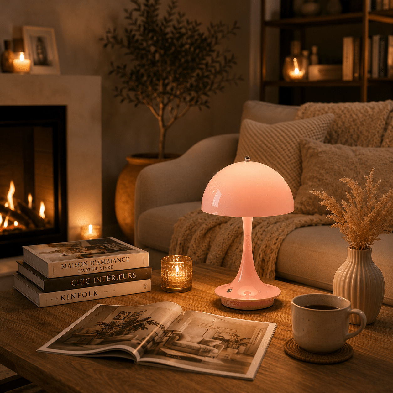 Lampe champignon LED tactile rose diffusant une lumière douce sur une table de salon. Entourée de livres, d’une tasse de café et d’éléments décoratifs, elle crée une ambiance chaleureuse et apaisante près d’un foyer, idéale pour les moments de détente, de lecture et de bien-être à la maison.