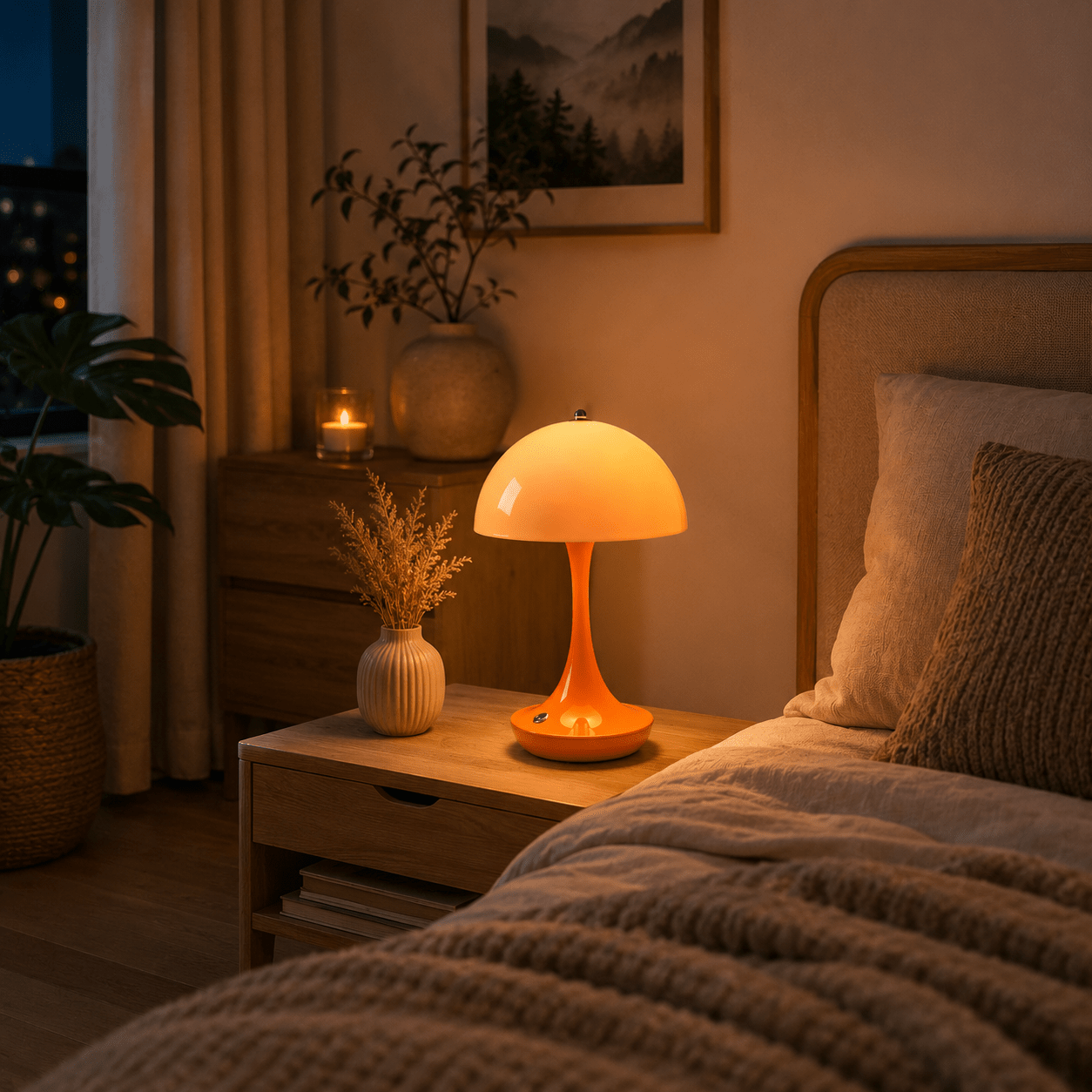 Lampe champignon LED tactile orange diffusant une lumière chaude et réconfortante sur une table de nuit en bois. Placée dans une chambre élégante aux tons naturels, elle crée une ambiance douce et apaisante idéale pour la détente, la lecture du soir et un coucher serein.