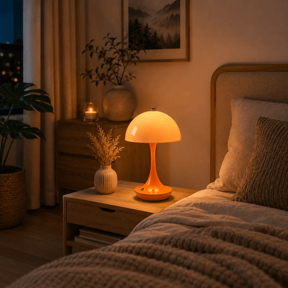 Lampe champignon LED tactile orange diffusant une lumière chaude et réconfortante sur une table de nuit en bois. Placée dans une chambre élégante aux tons naturels, elle crée une ambiance douce et apaisante idéale pour la détente, la lecture du soir et un coucher serein.