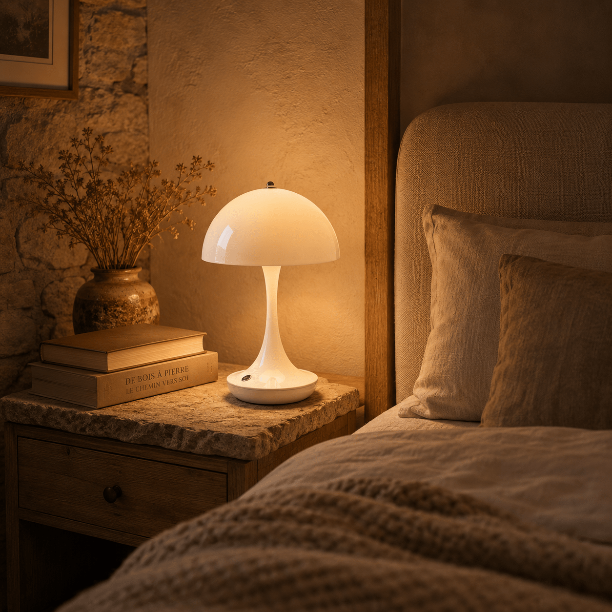 Lampe champignon LED tactile blanche diffusant une lumière chaude et apaisante sur une table de nuit en bois. Placée à côté de livres et d’un vase décoratif dans une chambre chaleureuse, elle crée une ambiance douce et réconfortante idéale pour la lecture, la détente et le coucher.