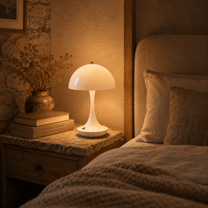 Lampe champignon LED tactile blanche diffusant une lumière chaude et apaisante sur une table de nuit en bois. Placée à côté de livres et d’un vase décoratif dans une chambre chaleureuse, elle crée une ambiance douce et réconfortante idéale pour la lecture, la détente et le coucher.
