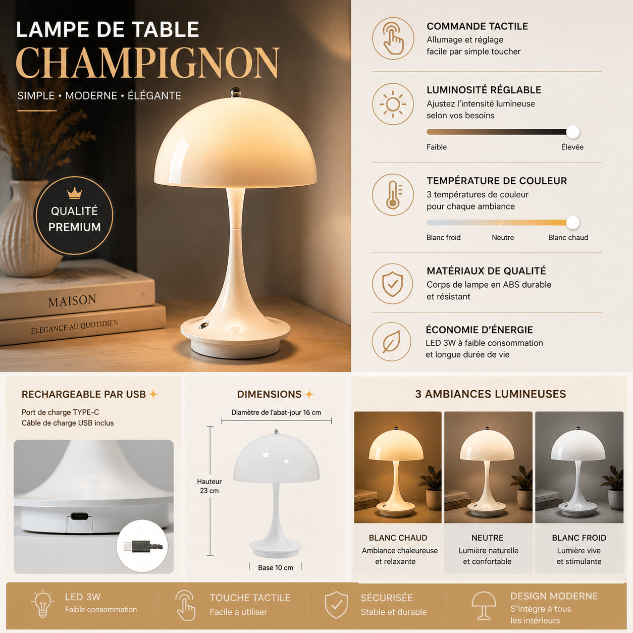Infographie détaillée de la lampe champignon LED tactile présentant ses principales caractéristiques : commande tactile, luminosité réglable, trois températures de couleur, recharge USB, faible consommation d’énergie et dimensions du produit. Comparatif des modes d’éclairage blanc chaud, neutre et blanc froid dans un design moderne et élégant.