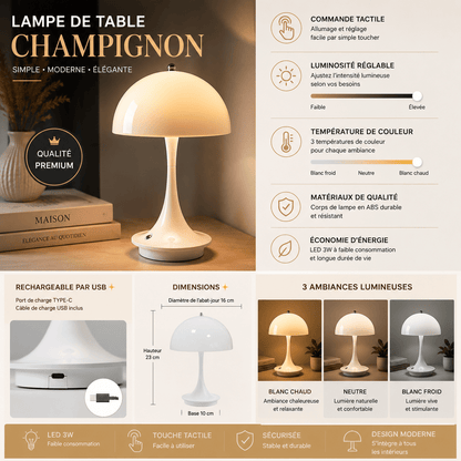 Infographie détaillée de la lampe champignon LED tactile présentant ses principales caractéristiques : commande tactile, luminosité réglable, trois températures de couleur, recharge USB, faible consommation d’énergie et dimensions du produit. Comparatif des modes d’éclairage blanc chaud, neutre et blanc froid dans un design moderne et élégant.